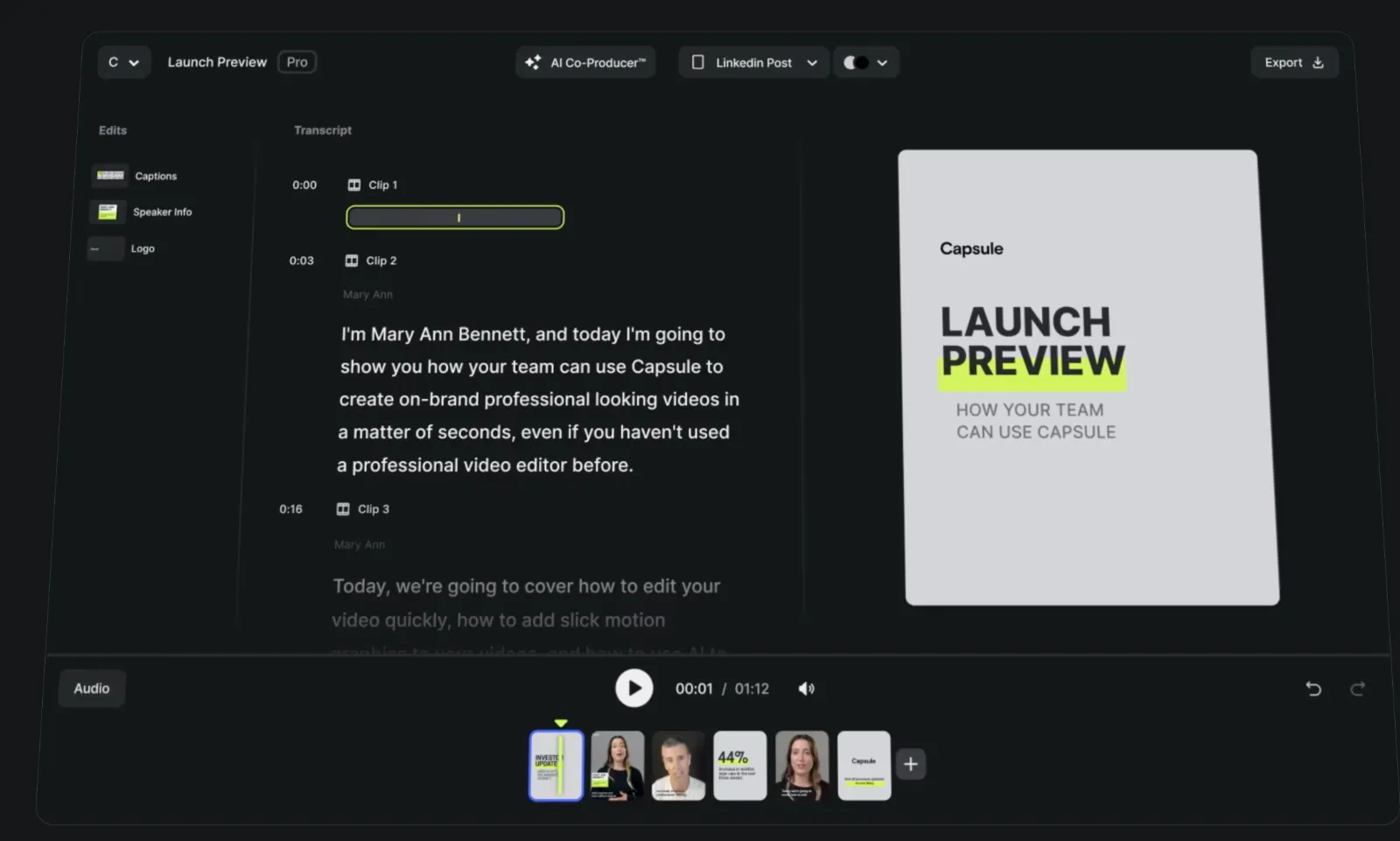 The Capsule editor, with the video transcript as the editable timeline