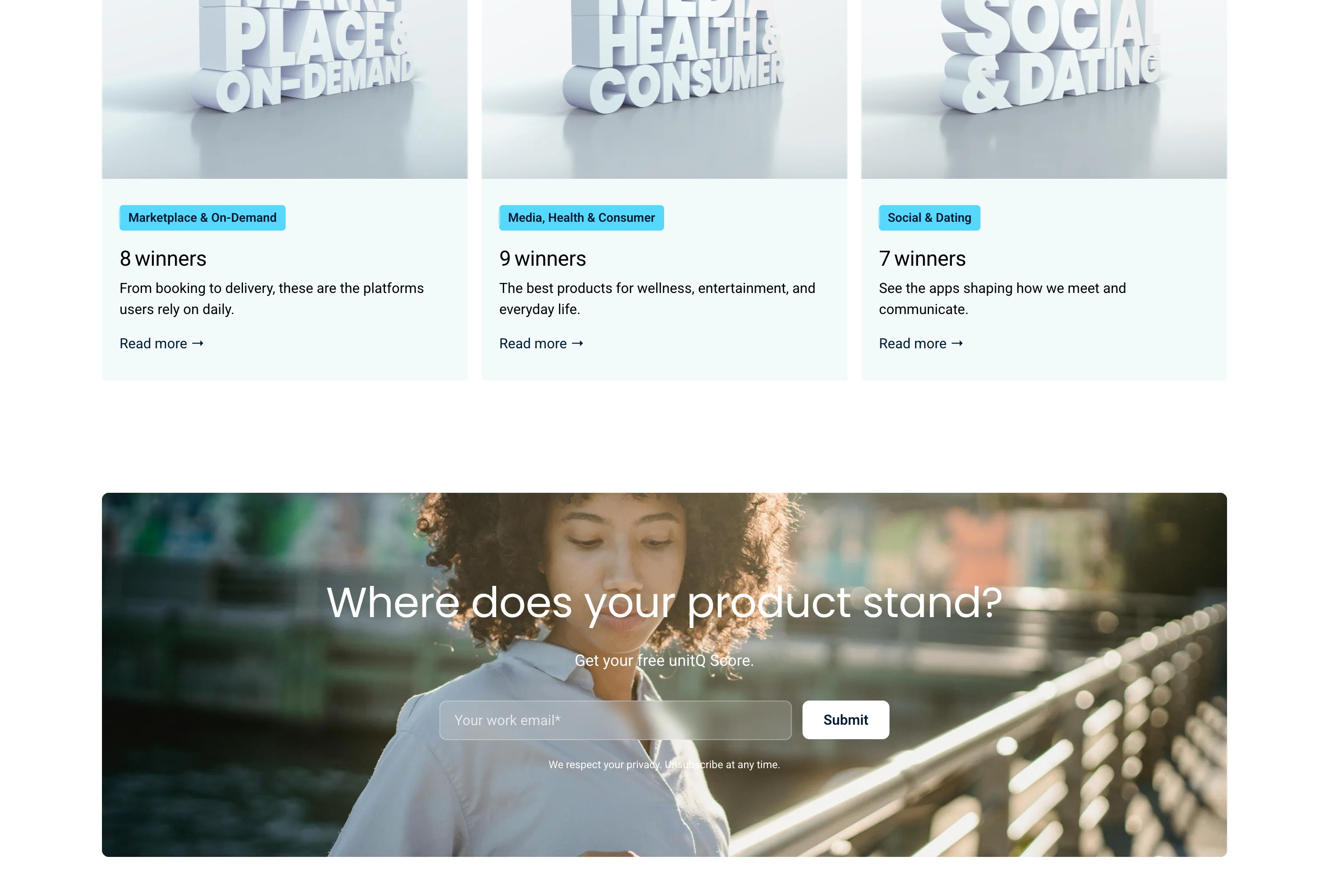 Category winner cards above the microsite’s score-request band