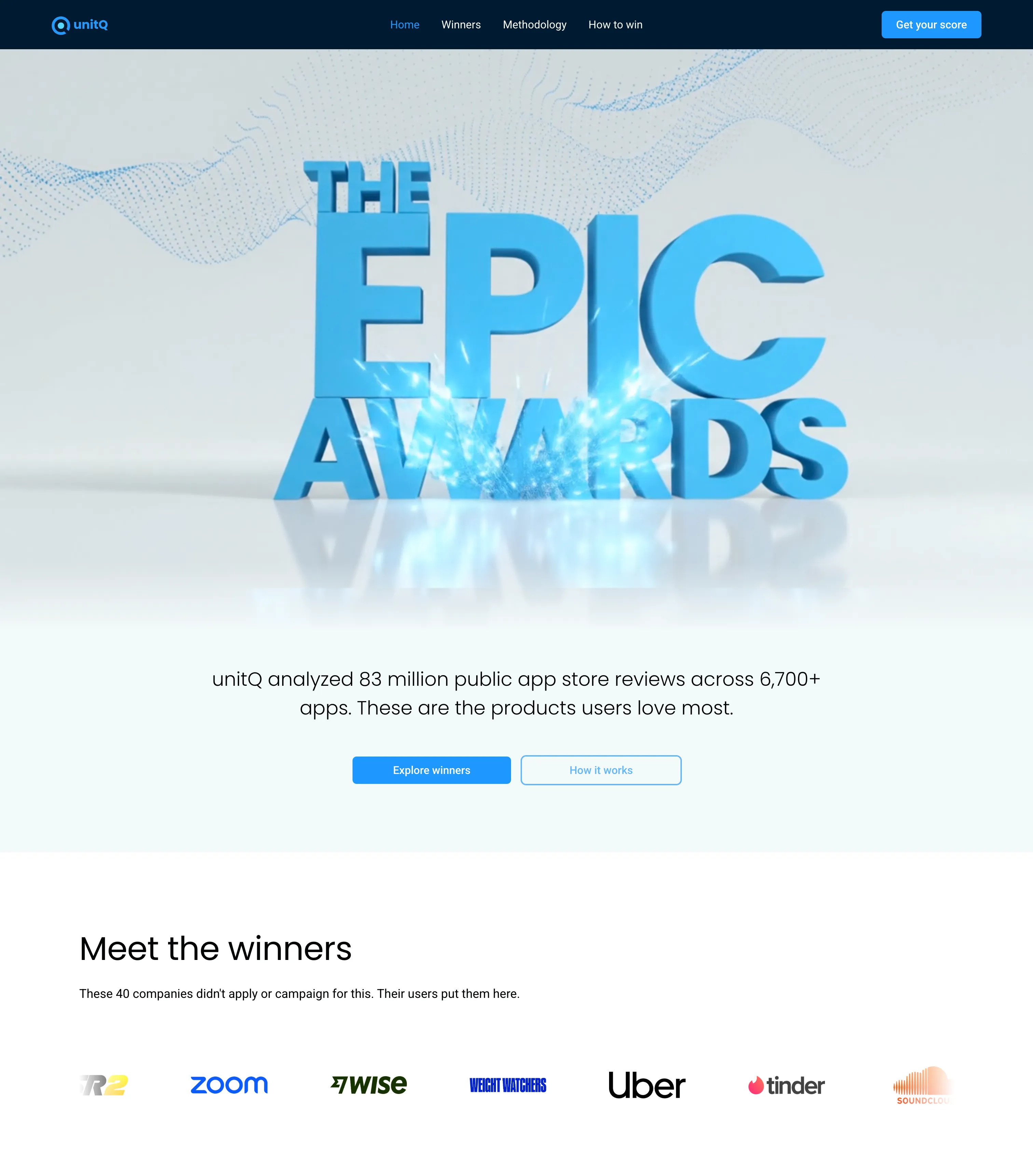 The Epic Awards microsite, with the winner grid beneath the hero
